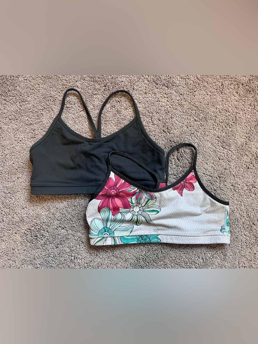 Lululemon Y back light support sports bras - grey and floral pattern - size 8